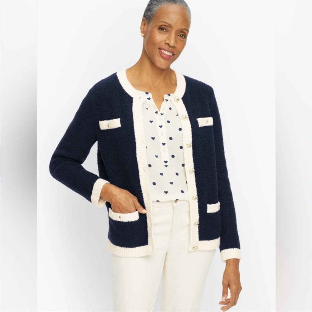 TALBOTS Boucle dipped sweater cardigan  button down navy blue, white - Picture 11 of 11